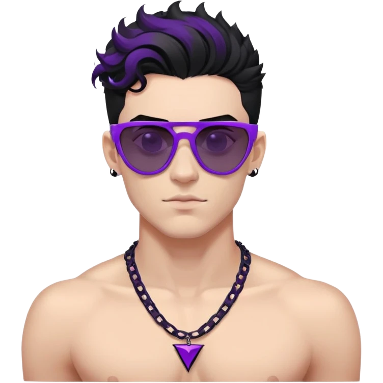 shirtless male athlete with white skin and moderately curly black hair on top with shaved sides, wearing sharp angular geometric purple sunglasses with very dark heavily tinted black lenses, and a simple plain black chain necklace, no earrings emoji