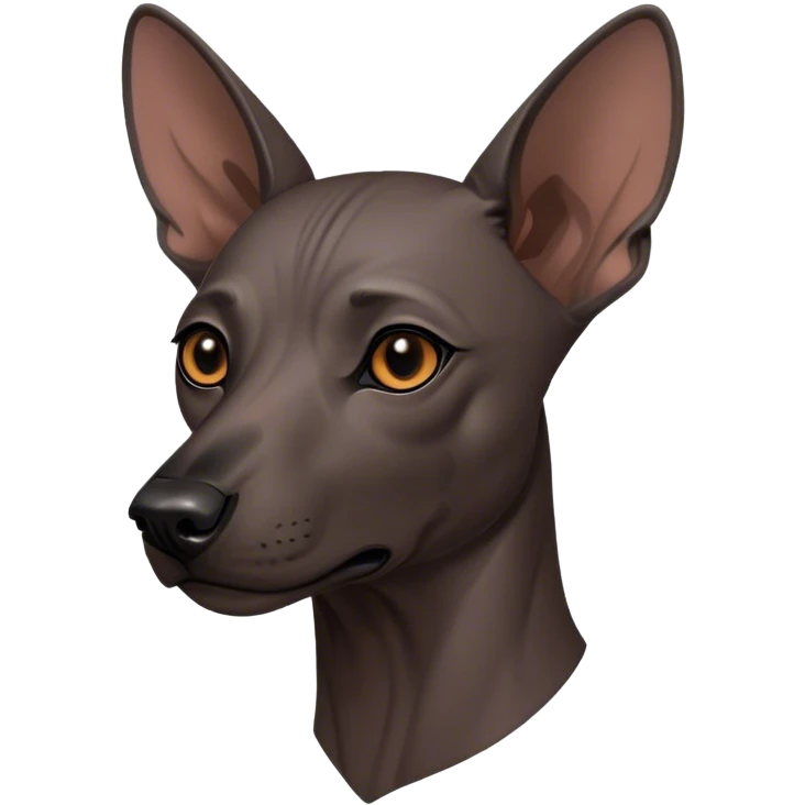 Cinematic Noble Xoloitzcuintle dog Portrait Emoji, Poised and regal, with a sleek, muscular build and smooth, hairless ebony skin accented by subtle wrinkles, deep-set soulful dark eyes, Simplified yet sharp and sophisticated features, highly detailed, glowing with a soft, dignified glow, high shine, intelligent and loyal, stylized with an air of ancient grace, focused and attentive, soft glowing outline, capturing the essence of a watchful and confident guardian, so majestic it feels as though it could stride out of the screen with effortless authority! emoji