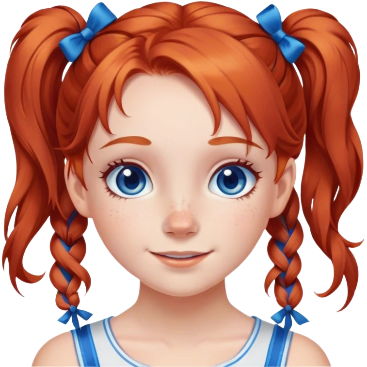 A cheerful, young red-haired girl with bright blue eyes and freckles, styled in two playful pigtails tied with blue ribbons. emoji