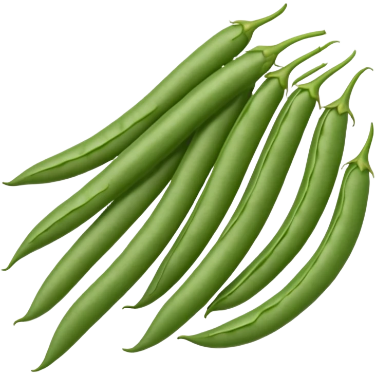 cluster of green beans, 2-4, slightly curved, smooth green skin, pointed ends, fresh and crisp, subtle sheen, natural texture, tiny stem tips, no leaves, no plate, transparent background, emoji scale emoji