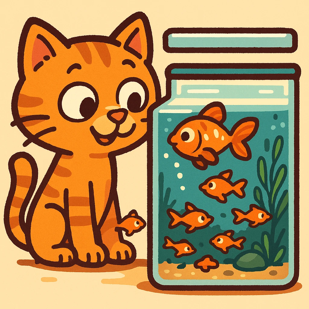 A red-haired cat and a goldfish aquarium in pixel art style, more cartoonish emoji