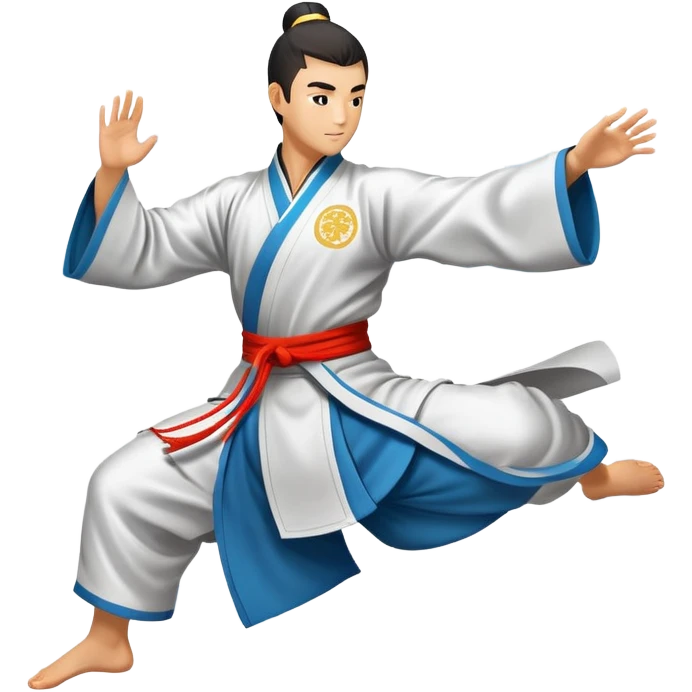 Emblem symbolizing Wushu martial arts. A graceful martial artist performs a dynamic kung fu pose, with flowing movements and a long, elegant robe. The background features stylized clouds and traditional Chinese symbols, representing fluidity, balance, and precision. Transparent background. emoji