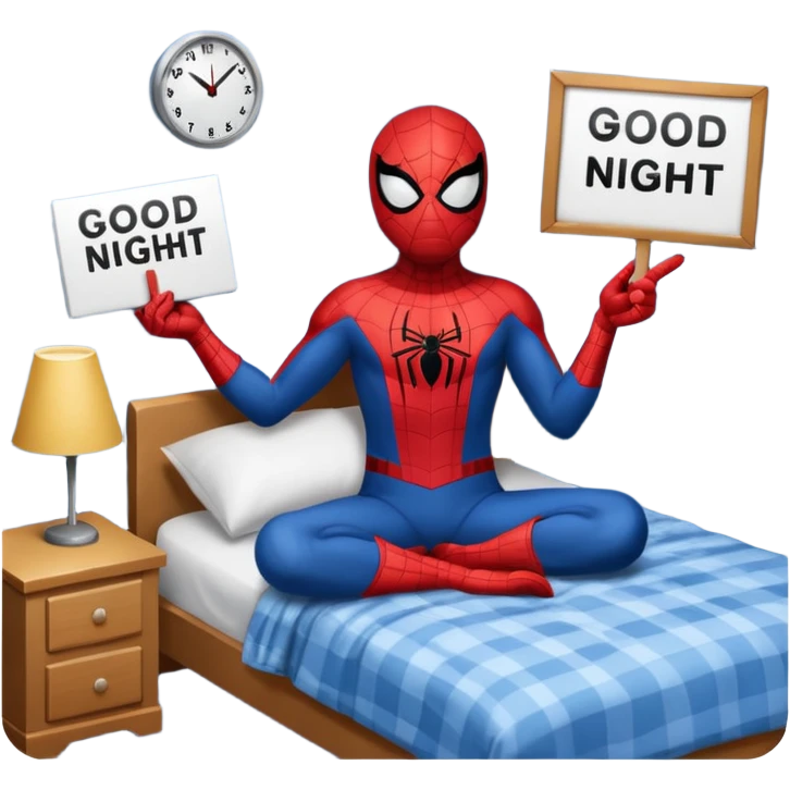 Spider-Man in his bed with a sign that says good night emoji