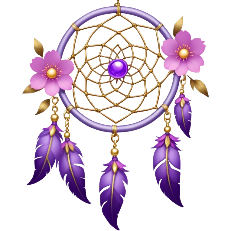 A silver-framed Dreamcatcher. with purple-round-orbs, gold-rings hanging down. purple flowers, pink sakura flowers, emoji
