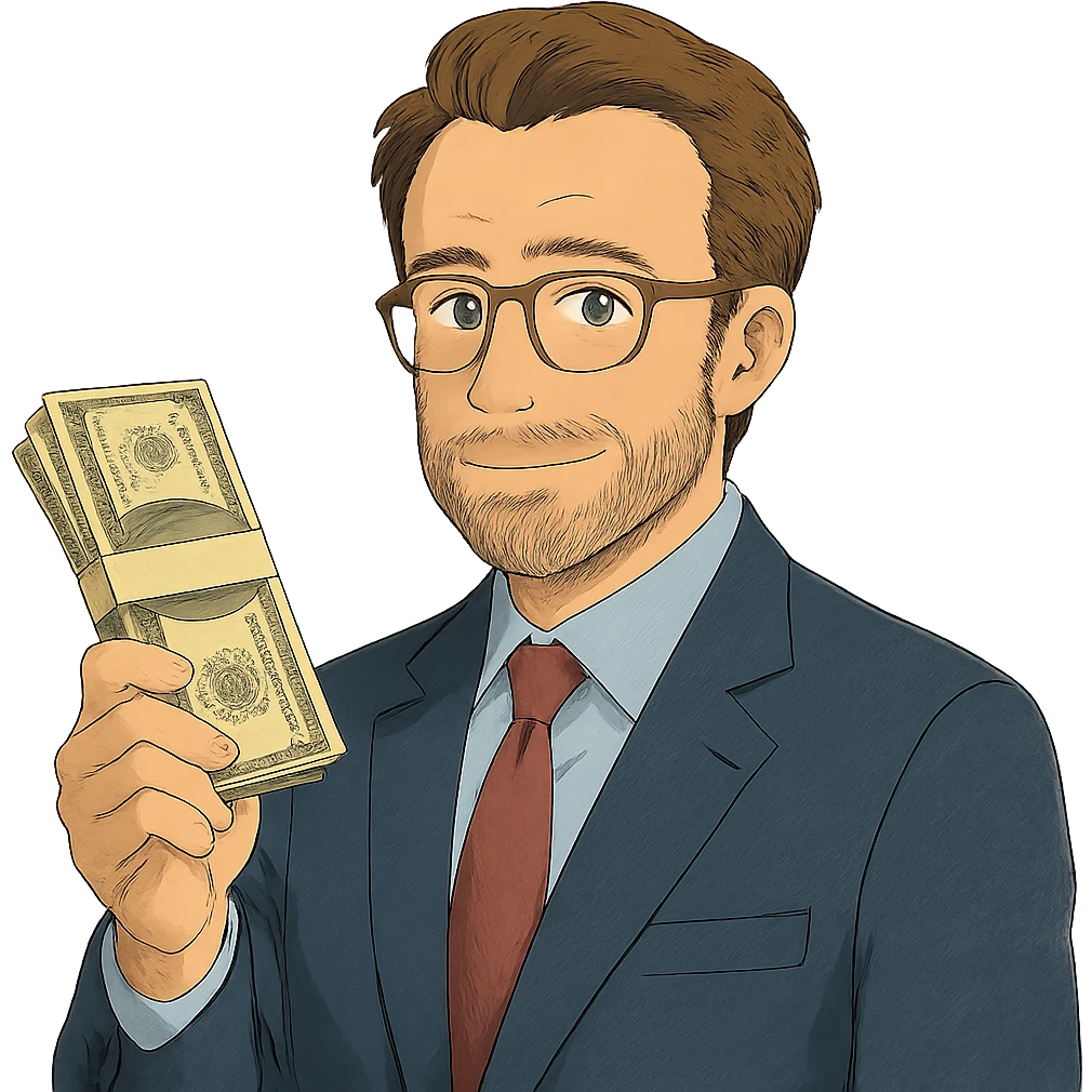 ghibli style Nikolai Astrup, Norwegian politician, holding a pack of money in his hand emoji