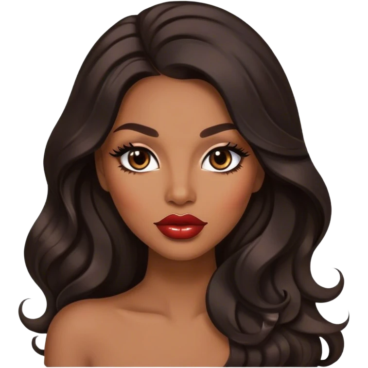 Glamourous, medium brown skin tone, very beautiful woman, with big plump lips, long long lashes, black wavy long hair, brown eyes emoji