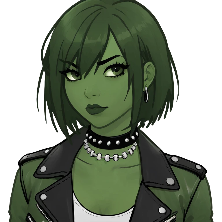 A asian girl with Black eyes and black straight hair with a bob with a black spiked chocker with white tank top with a leather jacket on emoji