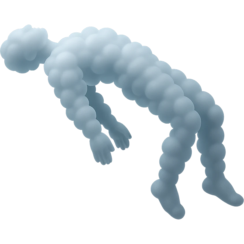 side view of a person unconscious, flying upwards by the torso, legs and arms downwards, made of small very bright white fluffy convex clouds, matte glass style emoji