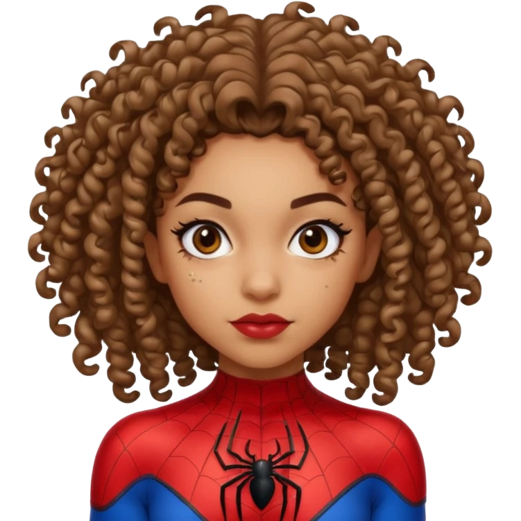 Lightskin girl with curly hair, eyebrow piercing in left side, wearing a spider man costume emoji
