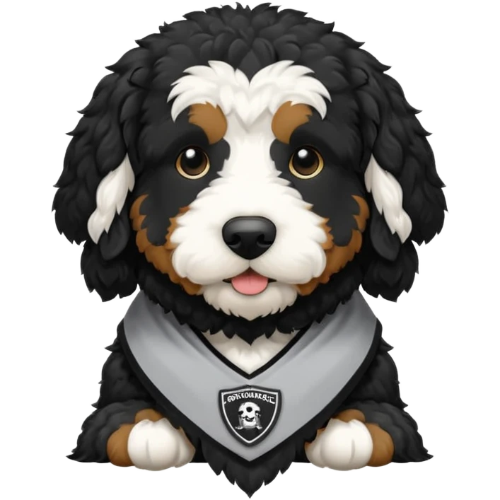 A black Bernedoodle with a white chest with Providence college gear on  emoji