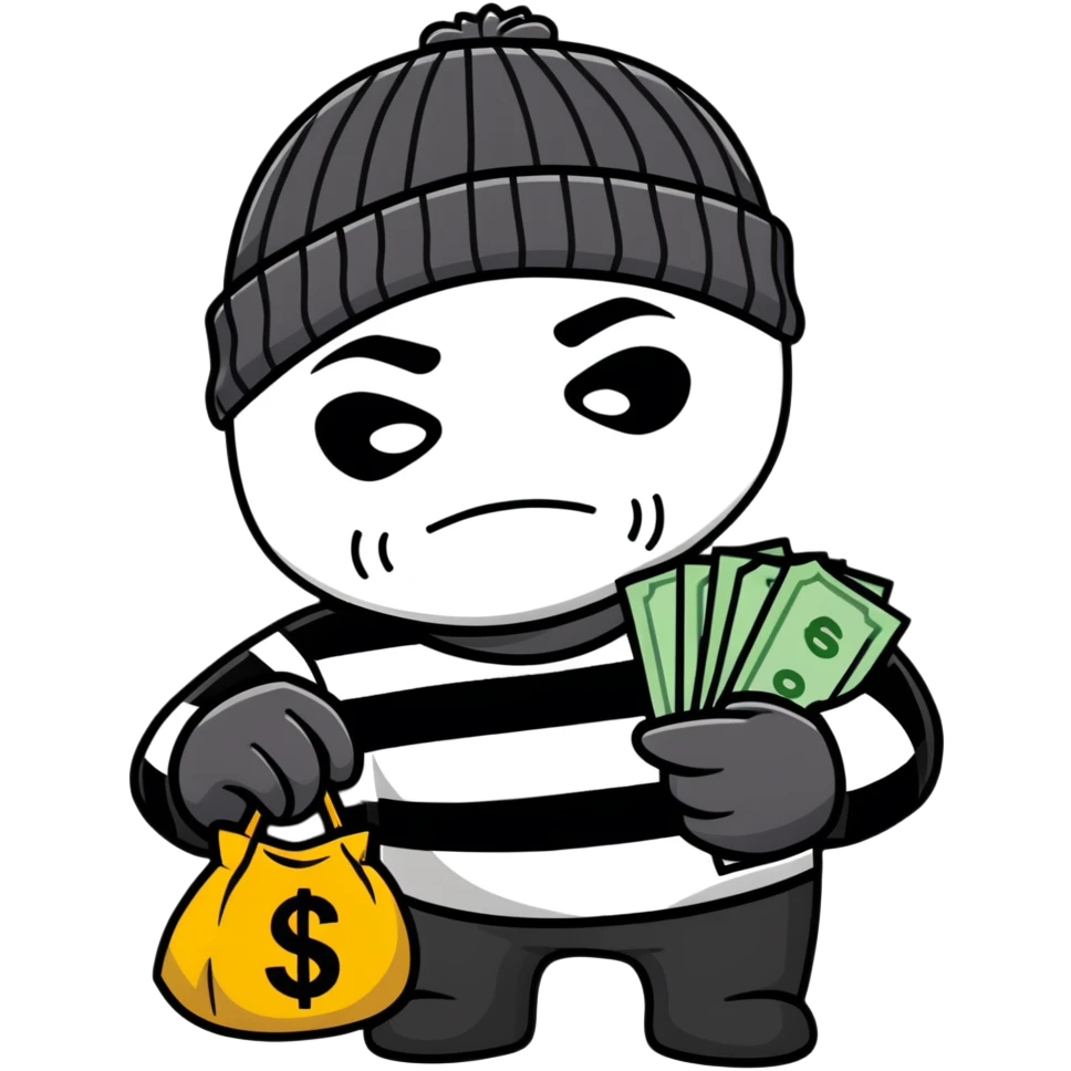 burglar wearing black and white striped shirt, black beanie, black mask over eyes, holding a moneybag emoji