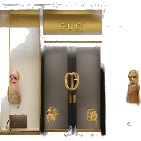 “Gucci store exterior with gold logo above entrance, large glass windows displaying luxury fashion, and elegant double doors.” emoji