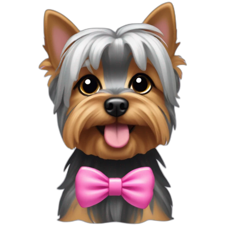 yorkshire terrier with grey hair with the tongue and two little pink hairbow on the head emoji