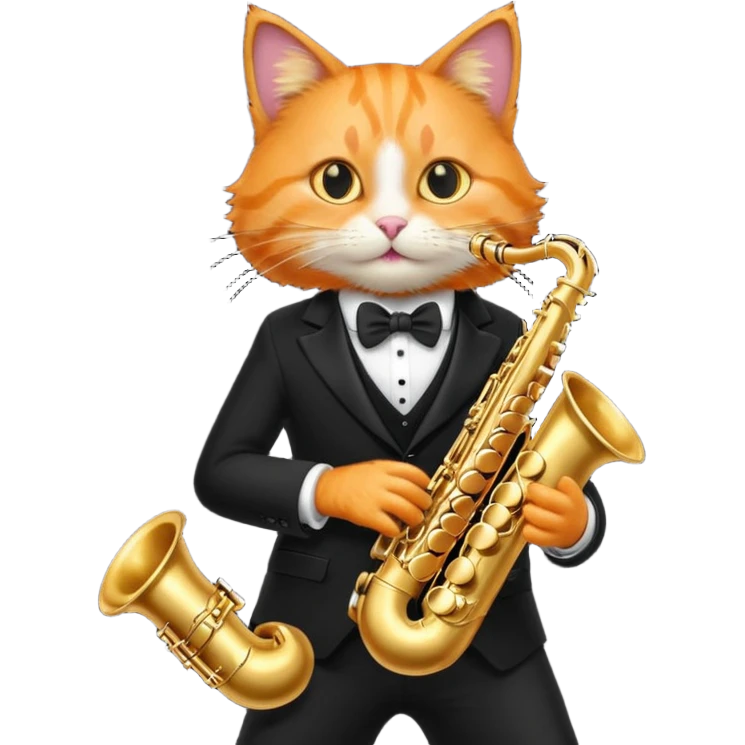 orange cat play gold saxophone, wear black suit emoji