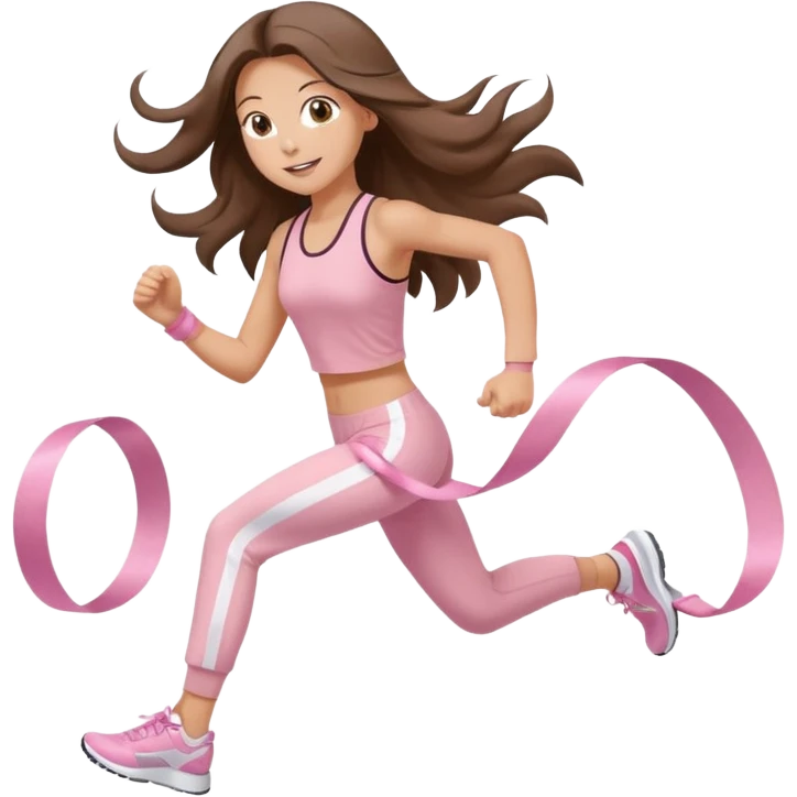 white happy brunette teen long hair with hazel eyes in light pink workout clothes jogging and breaking a ribbon race finish line emoji