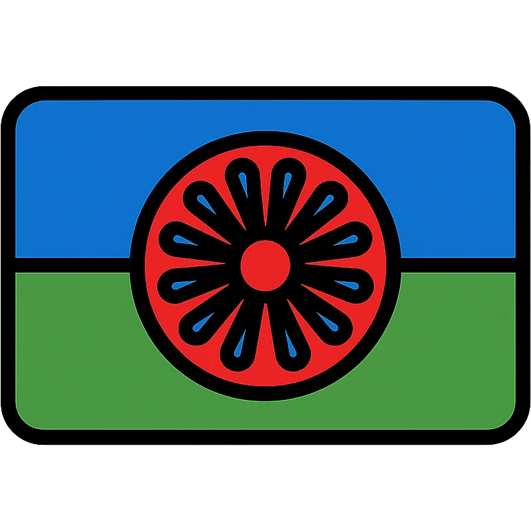 Romani flag with blue and green horizontal stripes and a red spoked wheel in the center emoji