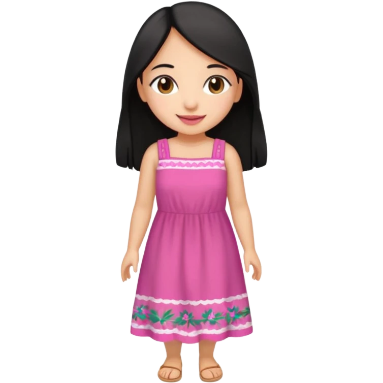 Gordita, ojos pequeños de color cafe oscuro, labios pequeños y rosados, piel trigueña, orejas pequeñas, cabello largo lazio y negro, pequeña. cuerpo completo. emoji