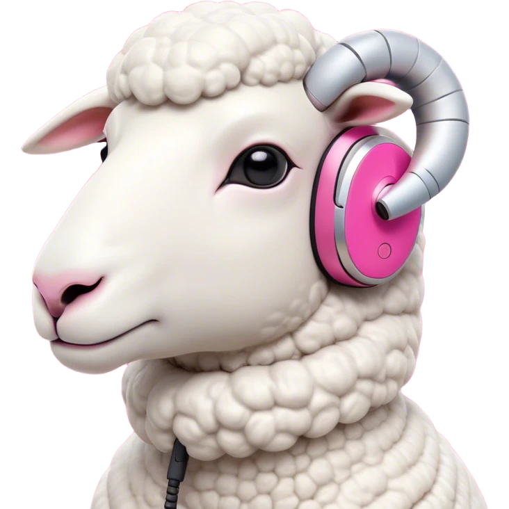 Sheep character with minimalist features and a distinctive high-tech earpiece that wraps around one ear. The earpiece should be sleek, futuristic and neutral-colored (silver or white) that complements the sheep's clean white body. The sheep has a trendy asymmetrical wool haircut dyed vibrant pink, with one side featuring an undercut style. The sheep wears simple, minimalist clothing without bold colors. Simple, bold shapes with minimal details but with a confident, slightly smirking expression that gives off a true trendsetter vibe - like this sheep is always ahead of the curve and knows it. emoji