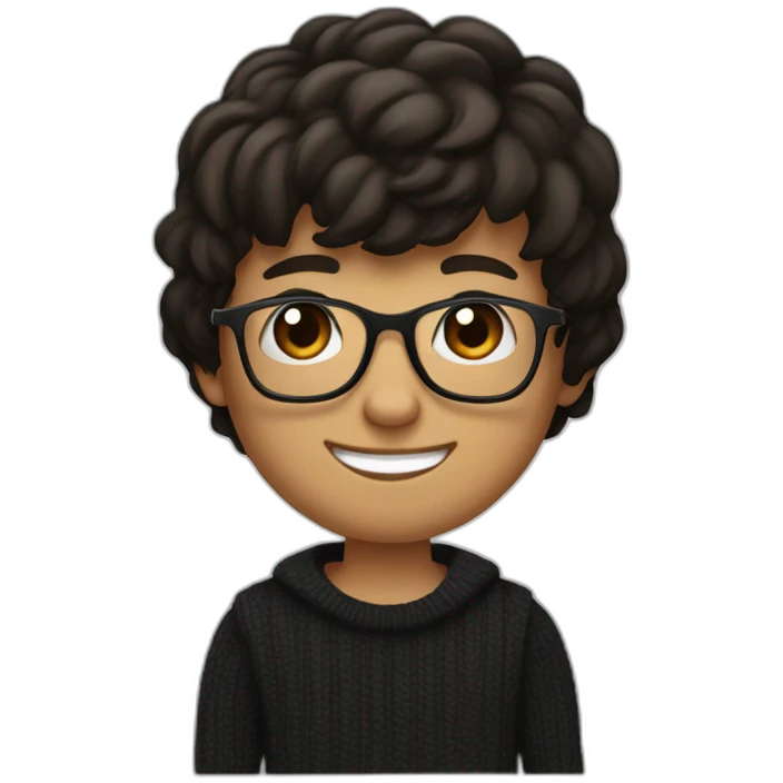 A young man with dark brown hair half-long on top and shorter on the sides with a bang. He has square glasses. He has a black sweater. He also has black eyes. He smiles emoji