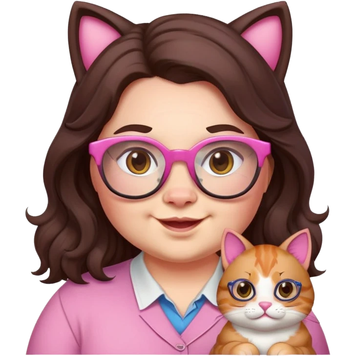 chubby English teacher face, pink cat glasses, wavy long dark brown hair, happy expression, gamer vibe, online classes emoji