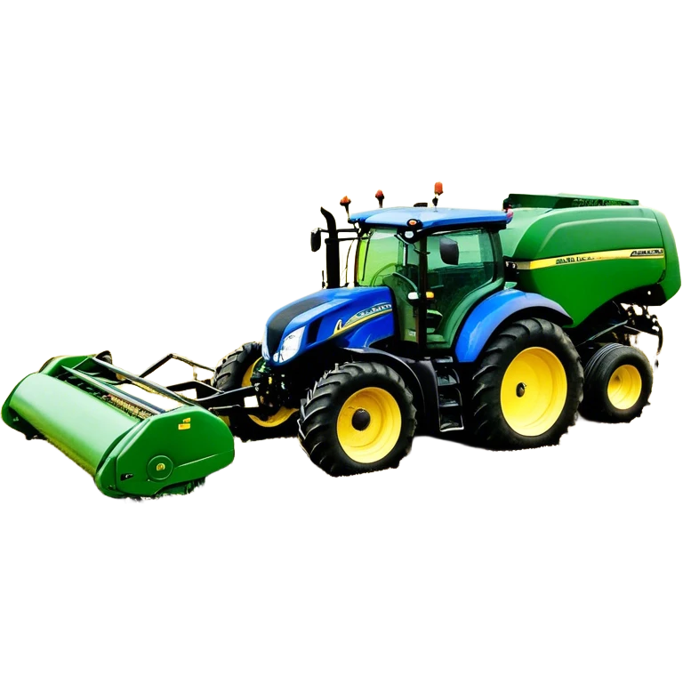 Baler – New Holland Roll-Belt 560 (2018) – Cinematic-realistic John Deere 6155M tractor towing a New Holland Roll-Belt 560 baler, its deep green body contrasting with the bright blue baler. The massive machine moves steadily through golden fields, compressing freshly cut hay into tight round bales, while dust swirls under the blazing afternoon sun. emoji