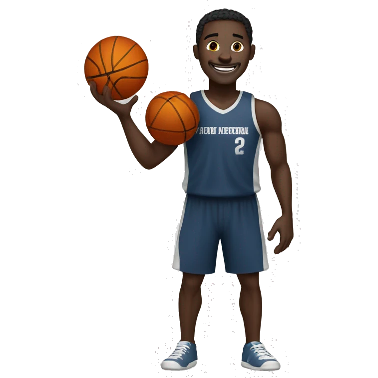 dark skinned man holding a basketball in one hand and smiling emoji