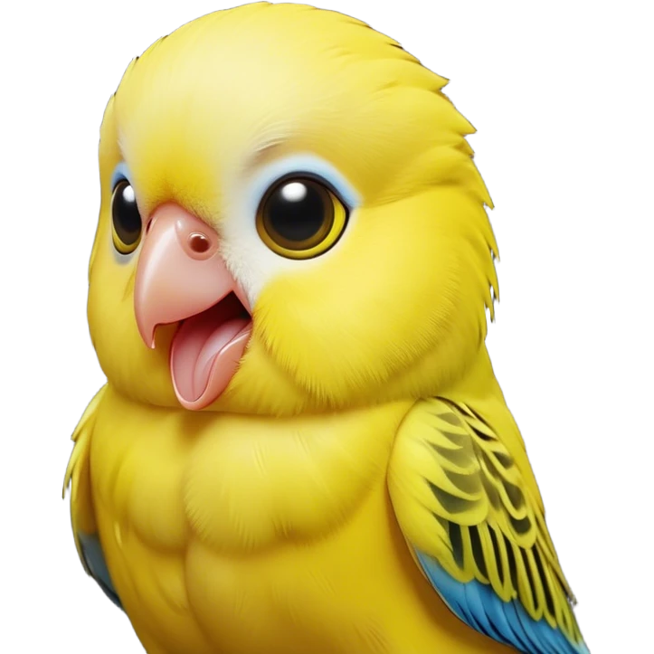 Cinematic Comical Yellow Budgie Portrait Emoji, Head tilted dramatically with an exaggeratedly amused expression, featuring a striking yellow feathered fur with a glossy finish, wide, expressive dark eyes filled with playful disbelief, Simplified yet hilariously expressive features, highly detailed, glowing with a slightly sassy glow, high shine, dramatic yet playful, stylized with an air of cheeky mischief, bright and endearing, soft glowing outline, capturing the essence of a spirited and over-the-top budgie, so meme-worthy it feels like it could side-eye its way into internet fame instantly! emoji