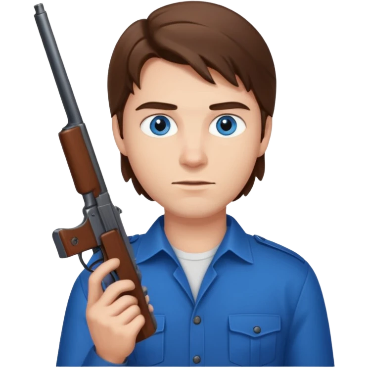 guy w medium long brown hair and blue eyes shooting himself emoji