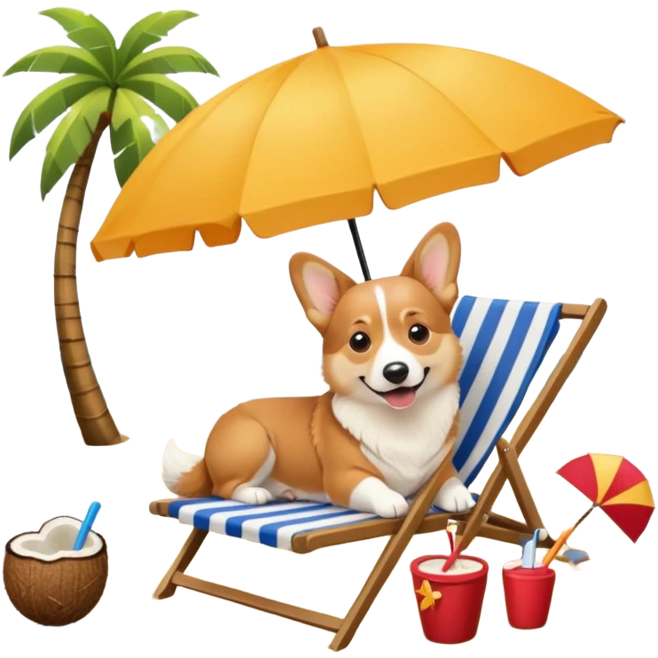 a corgi dog laied on a beach chair, a sunny beach, a sun umbrella, and beach coconut trees. the icon should capture the essence of a relaxing beach vacation with a carefree atmosphere emoji