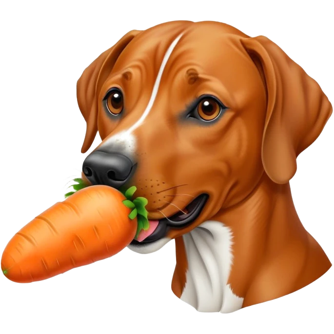 A Rhodesian ridgeback dog eating a large carrot emoji