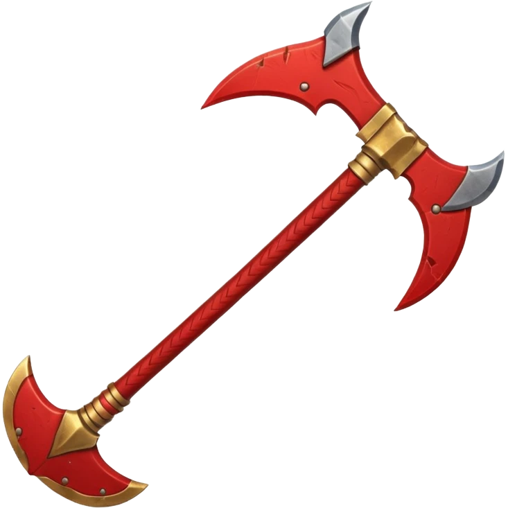 Ares battle axe object icon, ancient Greek war god axe, double-bladed heavy axe, red and gold metal, battle-worn scratches, glowing red accents, 3D cartoon, mobile game icon style, centered, clean background, soft shadow, no text, no watermark

 emoji