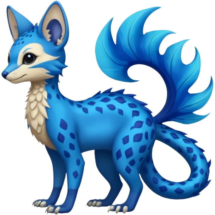 Feral Rare Fantasy vibrant tropical cobalt-blue and cyan Vernid-Trico-species-creature by LiLaiRa, random markings, tufted tail, tufted ears, full body emoji