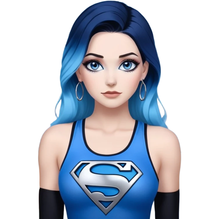 very very large chest-stunning beautiful face-black leggings-very long straight dark blue to light blue ombre hair-and-blue eyes-a lot of black eyeliner-thick long eyelashes-sky blue low cut tanktop with glitter superman logo-no gloves-silver hoop earrings emoji