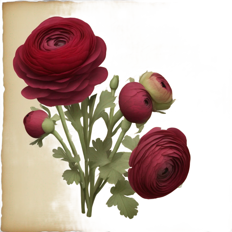 A bouquet of ruby-red ranunculus tied with a velvet ribbon and an old love letter emoji