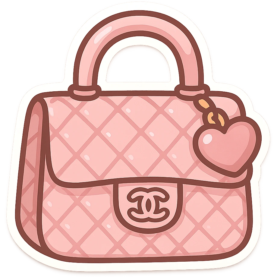 pink Chanel purse with a heart charm, cute and exaggerated chibi stickers style emoji