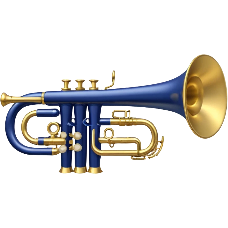 “Flat vector icon of a golden trumpet in side view with mouthpiece, bell, and three simple valves, thick dark outline, minimal details, centered on a deep navy blue rounded-square (or circle) background. Transparent outside the background, PNG.” emoji