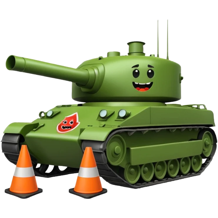 green military tank with an evil face rolling over a traffic cone with a sad face, emoji style emoji