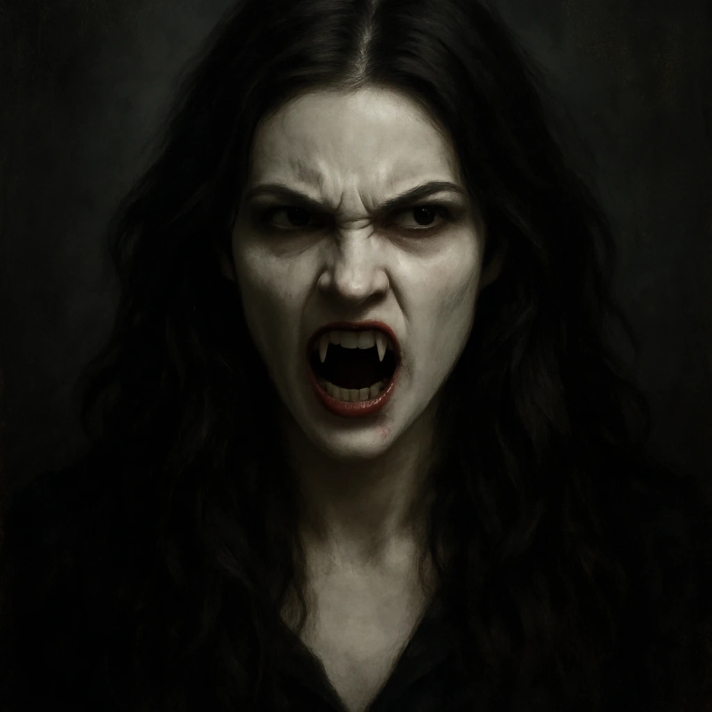 vampire woman, pale white skin, brunette, long hair, angry face, fangs out, dramatic moody style emoji