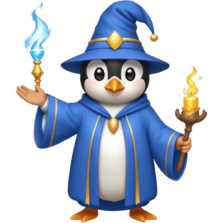 penguin wizard casting a sparkling spell wearing a blue robe and hat, emoji style emoji