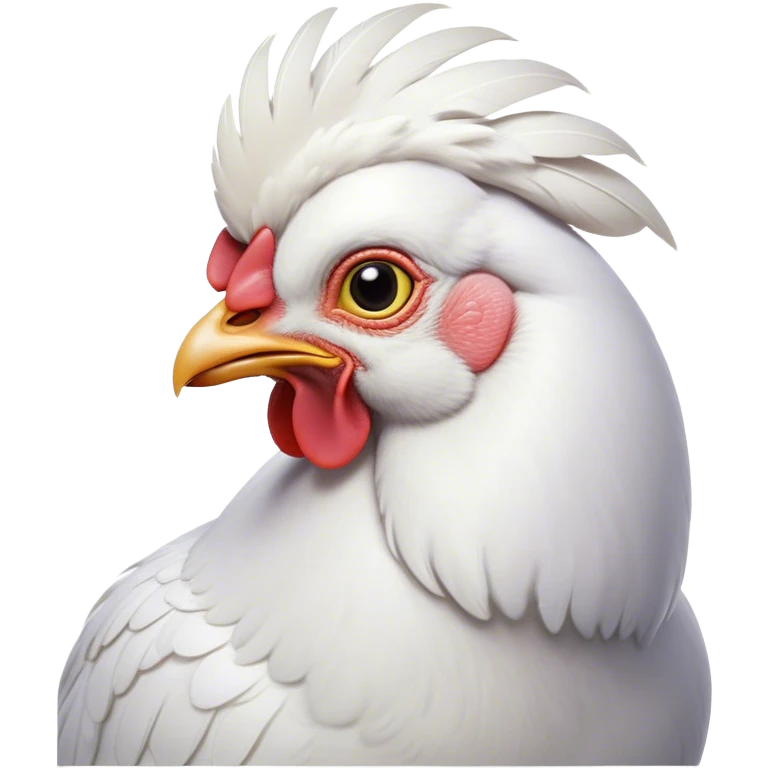 Cinematic Noble White Chicken Portrait Emoji, Poised and regal, with a compact, sturdy build and a pristine, well-groomed pure white plumage, deep-set soulful beady eyes, Simplified yet sharp and sophisticated features, highly detailed, glowing with a soft, dignified glow, high shine, intelligent and alert, stylized with an air of barnyard elegance, focused and attentive, soft glowing outline, capturing the essence of a watchful and confident fowl, so majestic it feels as though it could strut out of the screen with effortless authority! emoji