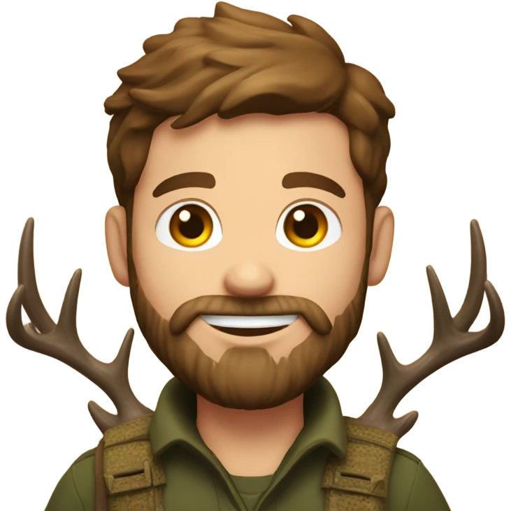 Hunting guy with beard and brown hair with deer and happy birthday sign behind him emoji