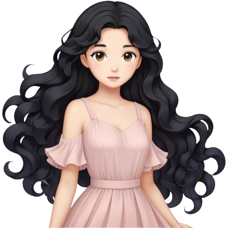 Gorgeous anime lady with elegant black wavy hair wearing a soft flowy feminine dress in pastel colors emoji