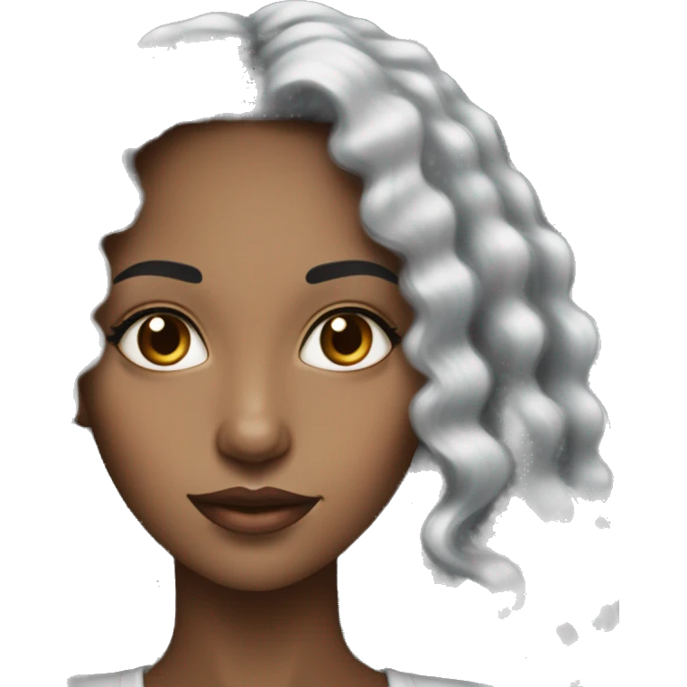 pretty black woman with super long black curly hair and brown almond eyes with white top with small nose and full lips emoji