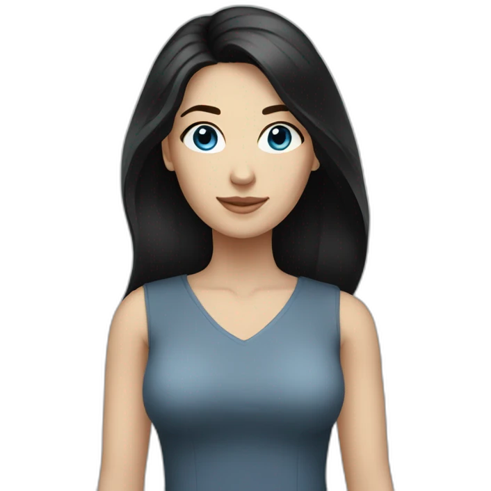 white woman, dark medium-long black hair, full body, blue grey eyes emoji