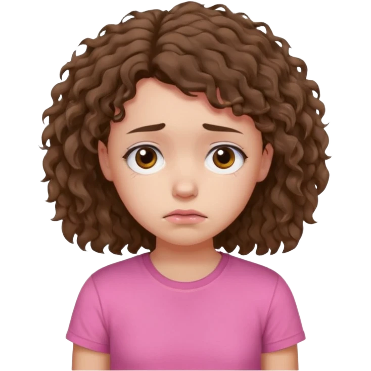 Young girl with unkempt curly hair and a pink T-shirt, looking sad and discouraged emoji