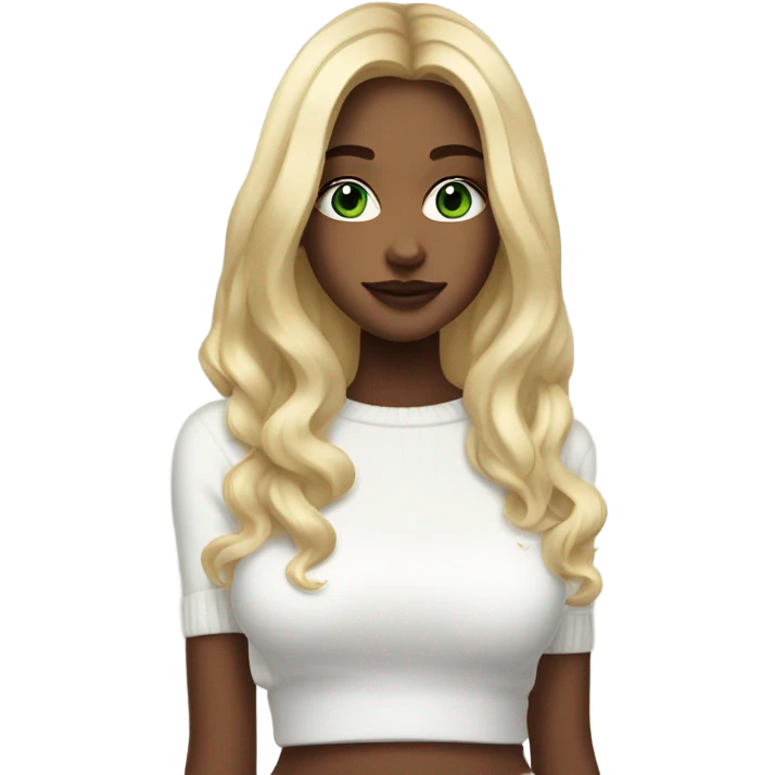 solo blonde girl with green eyes, medium bust, white sweater, long blow out hair, baddie, middle part, cute emoji