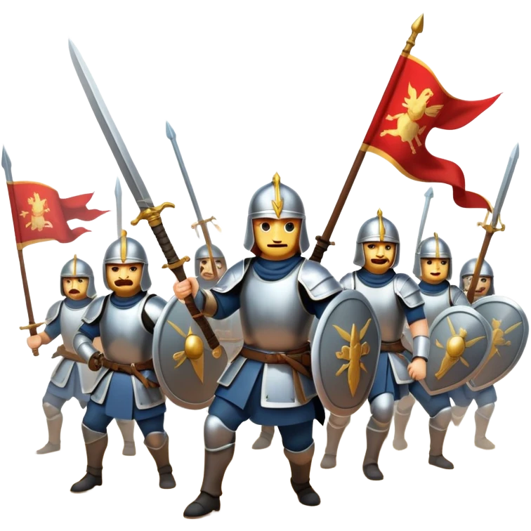 An emoji representing an ancient battle scene. Soldiers with swords, shields, and spears are fighting on an open battlefield. Dust and chaos fill the air, with banners waving and armor shining under the sun. The design is dramatic, symbolizing historical warfare and bravery emoji