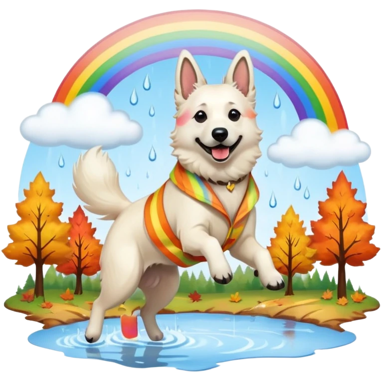Beautiful White belgian Shepard jumping Cheerful  over Rain puddles. There is a rainbow in the sky and Autumn forest in the background emoji