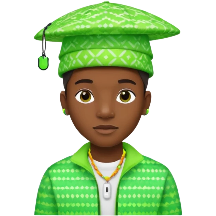 Create me an detailed emoji of a cool Young Nigerian prince wearing a neon green gradient African patterns with  a hat (a Nigerian-inspired patterned hat) and apple airpods emoji