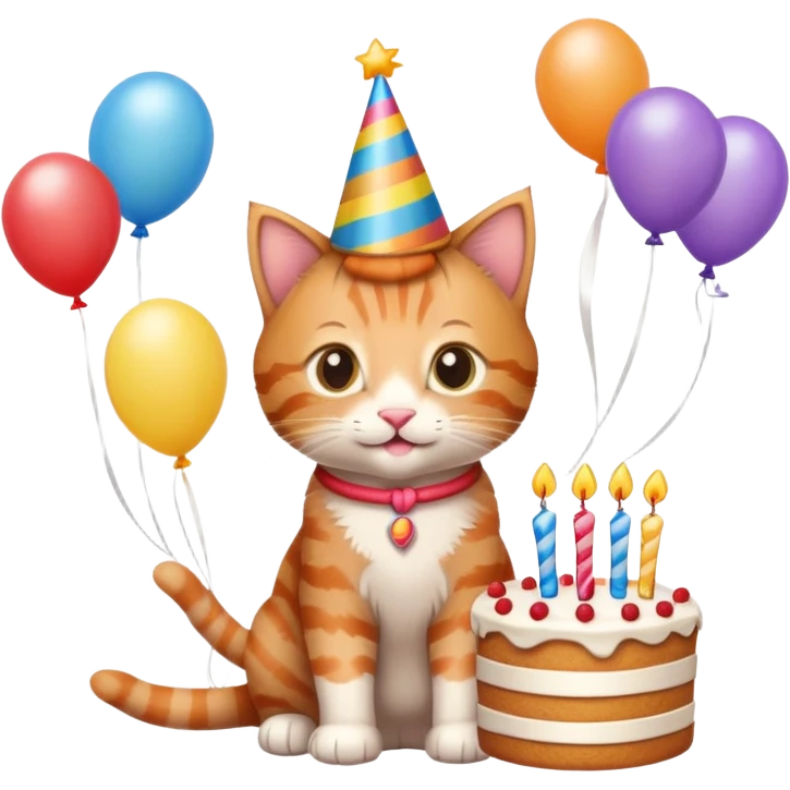Ginger tabby kitten celebrates birthday, birthday hat, birthday cake, balloons, happy, gifts emoji